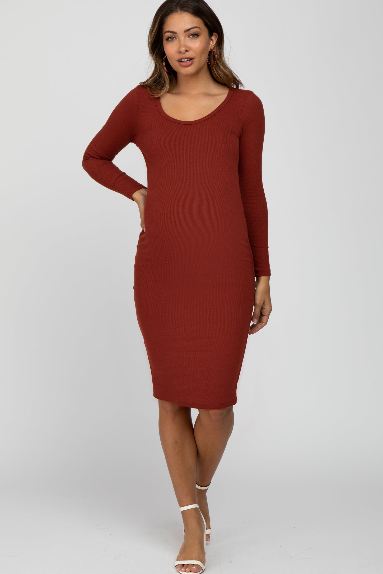 Rust Ribbed Fitted Long Sleeve Maternity Dress