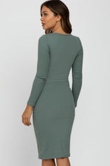 Olive Ribbed Fitted Long Sleeve Maternity Dress