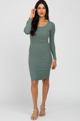 Olive Ribbed Fitted Long Sleeve Dress