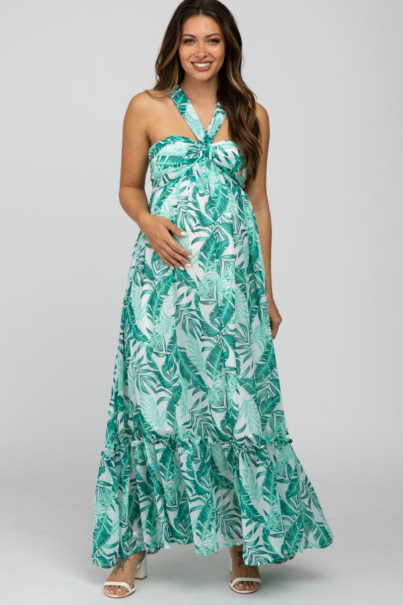 Green Palm Print Halter Neck Maternity Maxi Dress – PinkBlush
