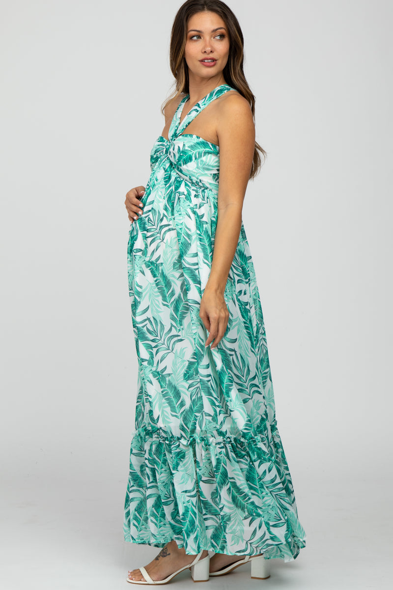 Green Palm Print Halter Neck Maternity Maxi Dress – PinkBlush