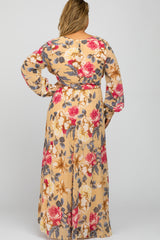 Beige Floral Chiffon Maternity Plus Maxi Dress