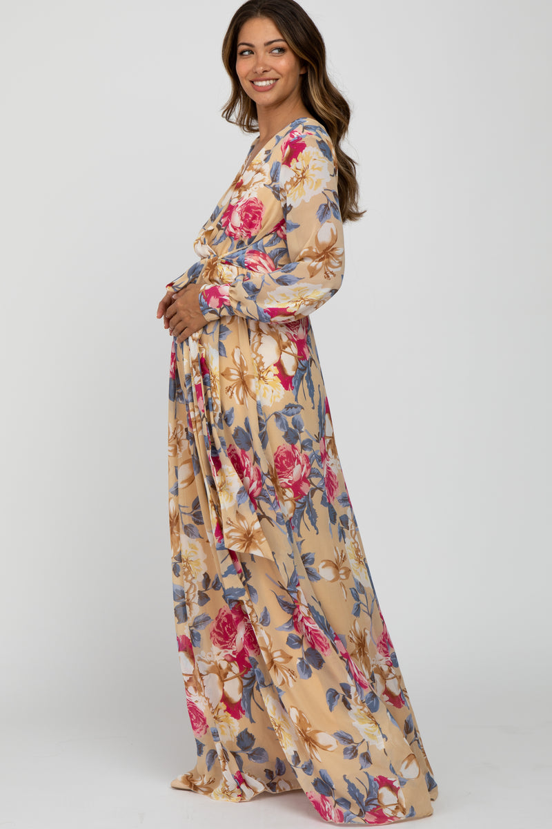 Beige Floral Chiffon Maternity Maxi Dress– PinkBlush