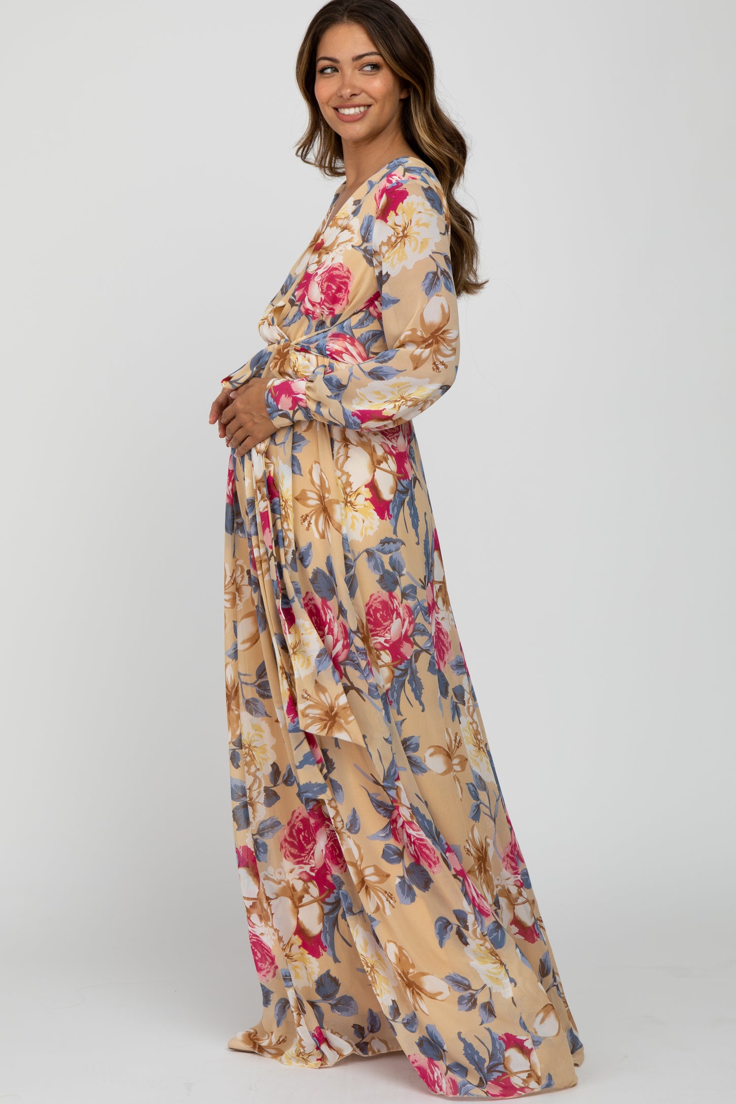 Beige Floral Chiffon Maternity Maxi Dress – PinkBlush