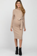 Taupe Ribbed Turtleneck Maternity Sweater Dress