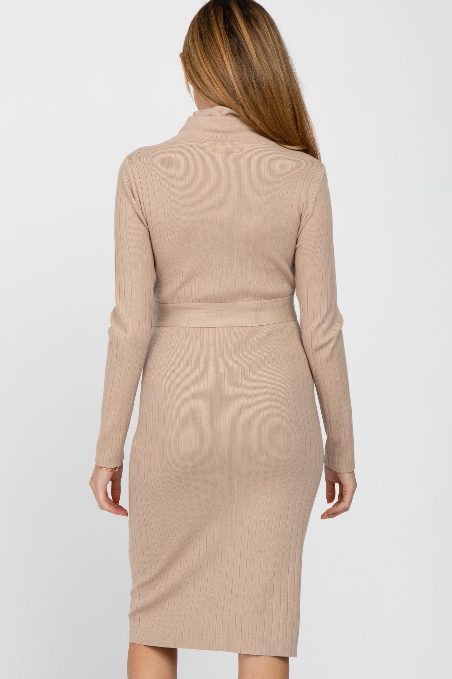 Taupe Ribbed Turtleneck Maternity Sweater Dress