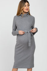 Heather Grey Ribbed Turtleneck Maternity Sweater Dress