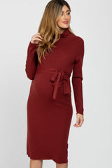 Burgundy Ribbed Turtleneck Maternity Sweater Dress
