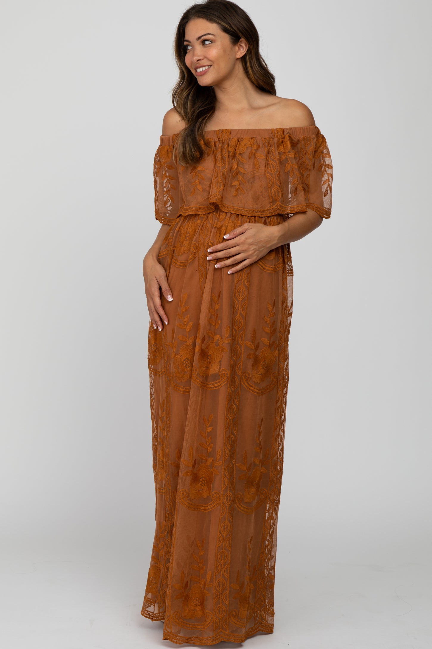 Camel Lace Overlay Off Shoulder Flounce Maternity Maxi Dress