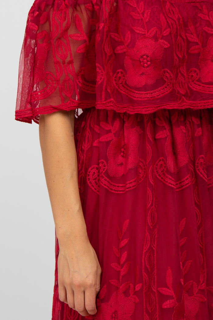 Burgundy  Lace Overlay Off Shoulder Flounce Maxi Dress