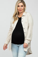 Beige Linen Fringe Button Down Maternity Top