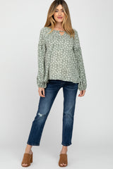 Olive Floral Print Balloon Sleeve Maternity Top
