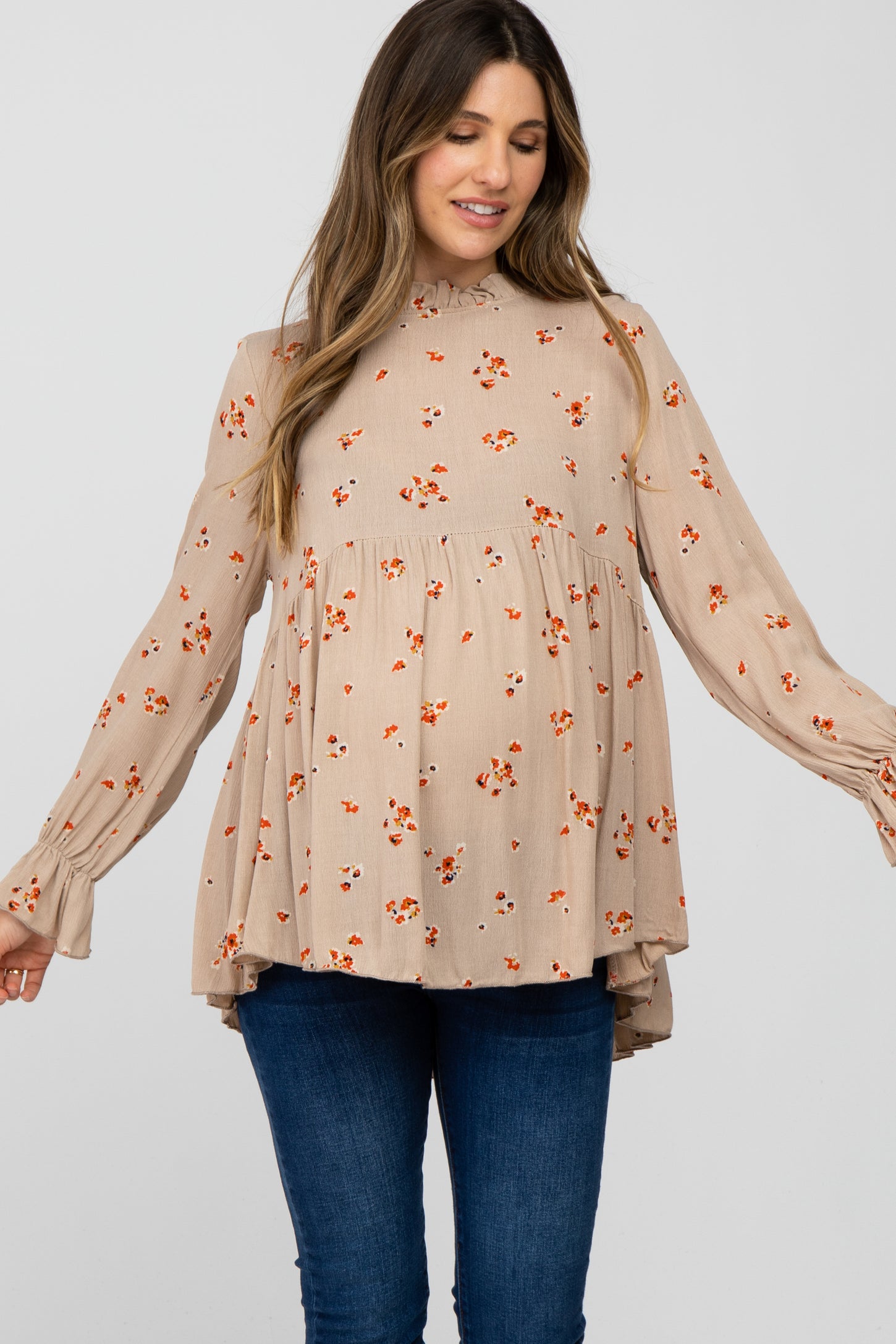 Taupe Floral Babydoll Maternity Blouse