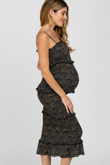 Black Animal Print Smocked Fitted Maternity Midi Dress