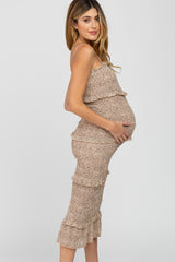 Taupe Animal Print Smocked Fitted Maternity Midi Dress