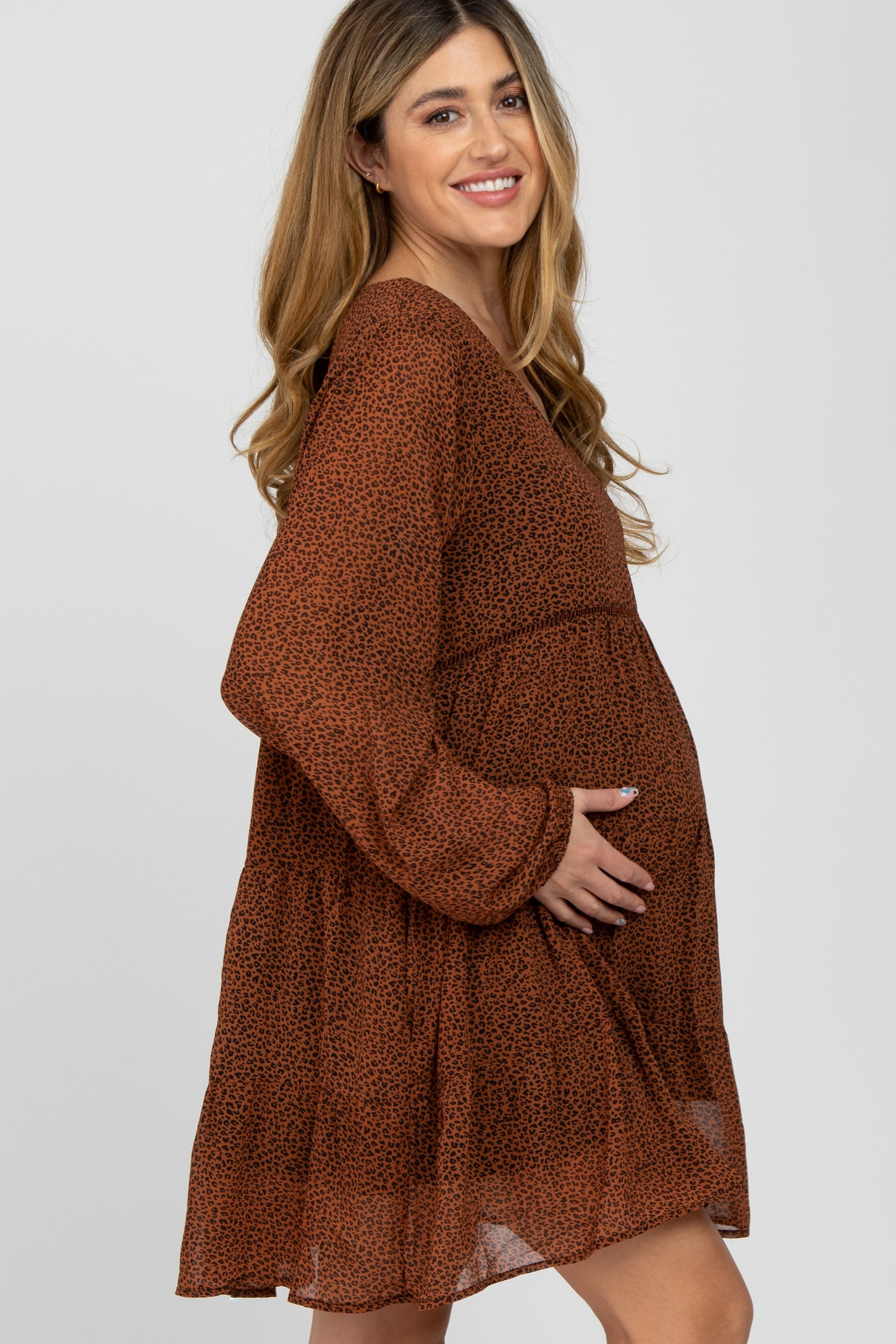 Camel Leopard Print Tiered Maternity Dress