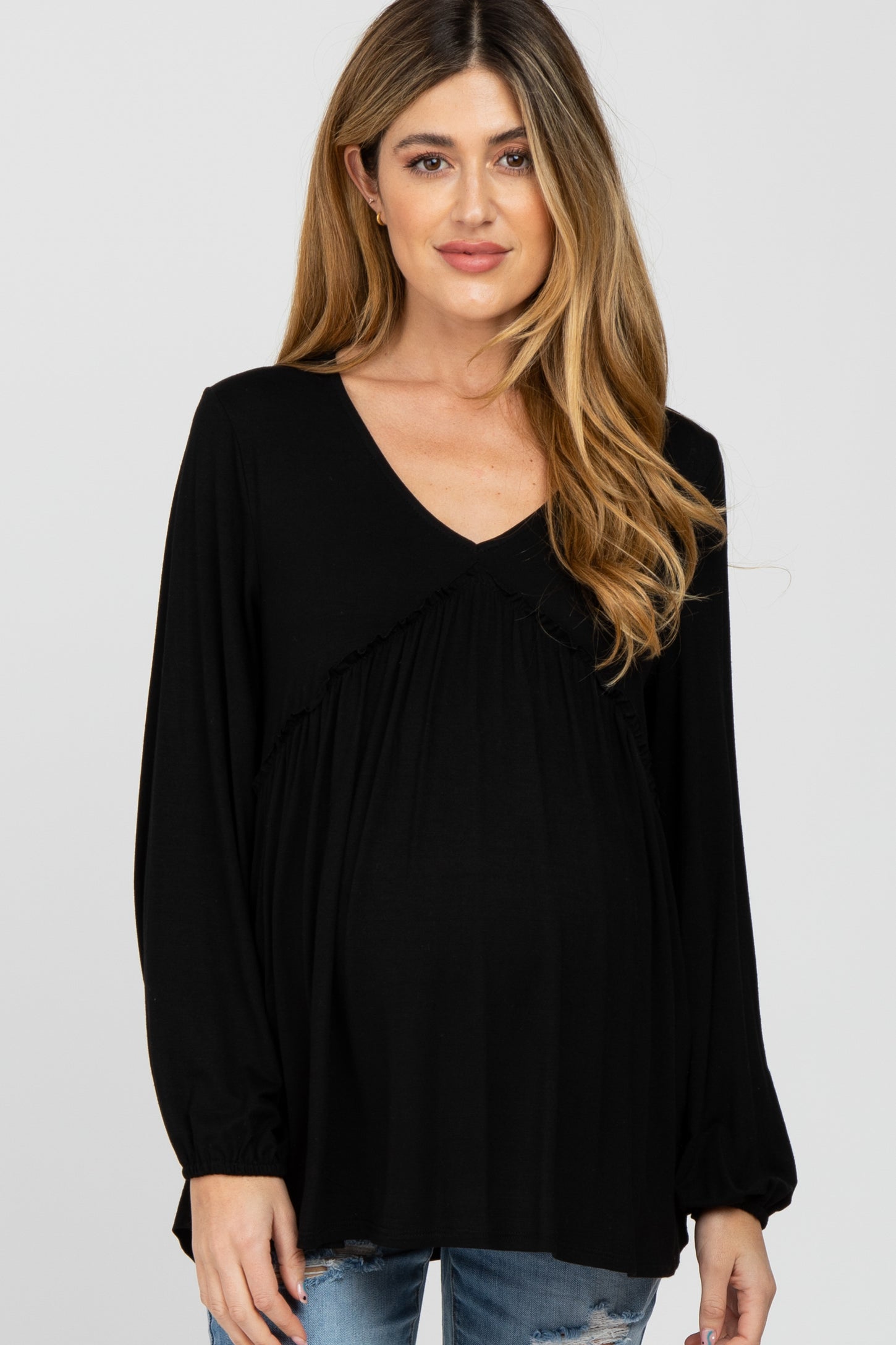 Black V-Neck Ruffle Accent Maternity Long Sleeve Top