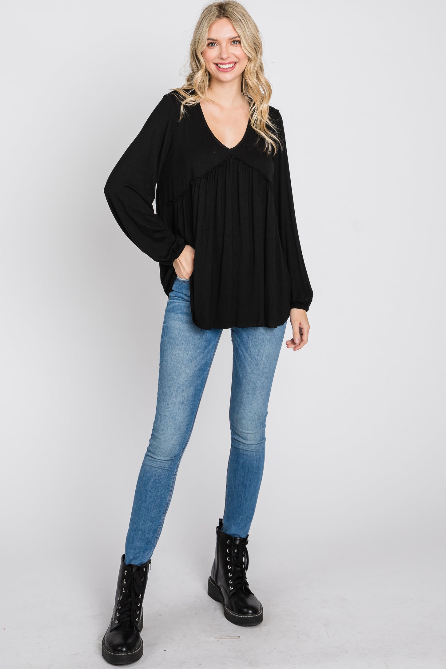 Black V-Neck Ruffle Accent Long Sleeve Top