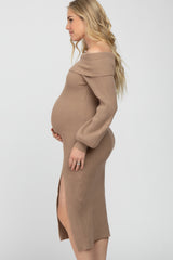 Mocha Ribbed Off Shoulder Maternity Sweater Midi Dress
