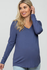 Blue V-Neck Round Hem Long Sleeve Maternity Top