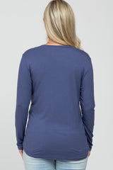 Blue V-Neck Round Hem Long Sleeve Maternity Top