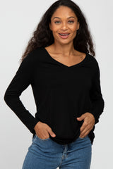 Black V-Neck Round Hem Long Sleeve Maternity Top