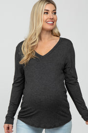 Charcoal V-Neck Round Hem Long Sleeve Maternity Top