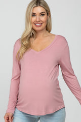 Mauve V-Neck Round Hem Long Sleeve Maternity Top