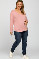 Mauve V-Neck Round Hem Long Sleeve Maternity Plus Top