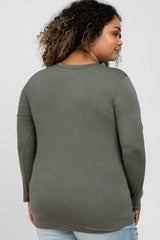 Olive V-Neck Round Hem Long Sleeve Maternity Plus Top