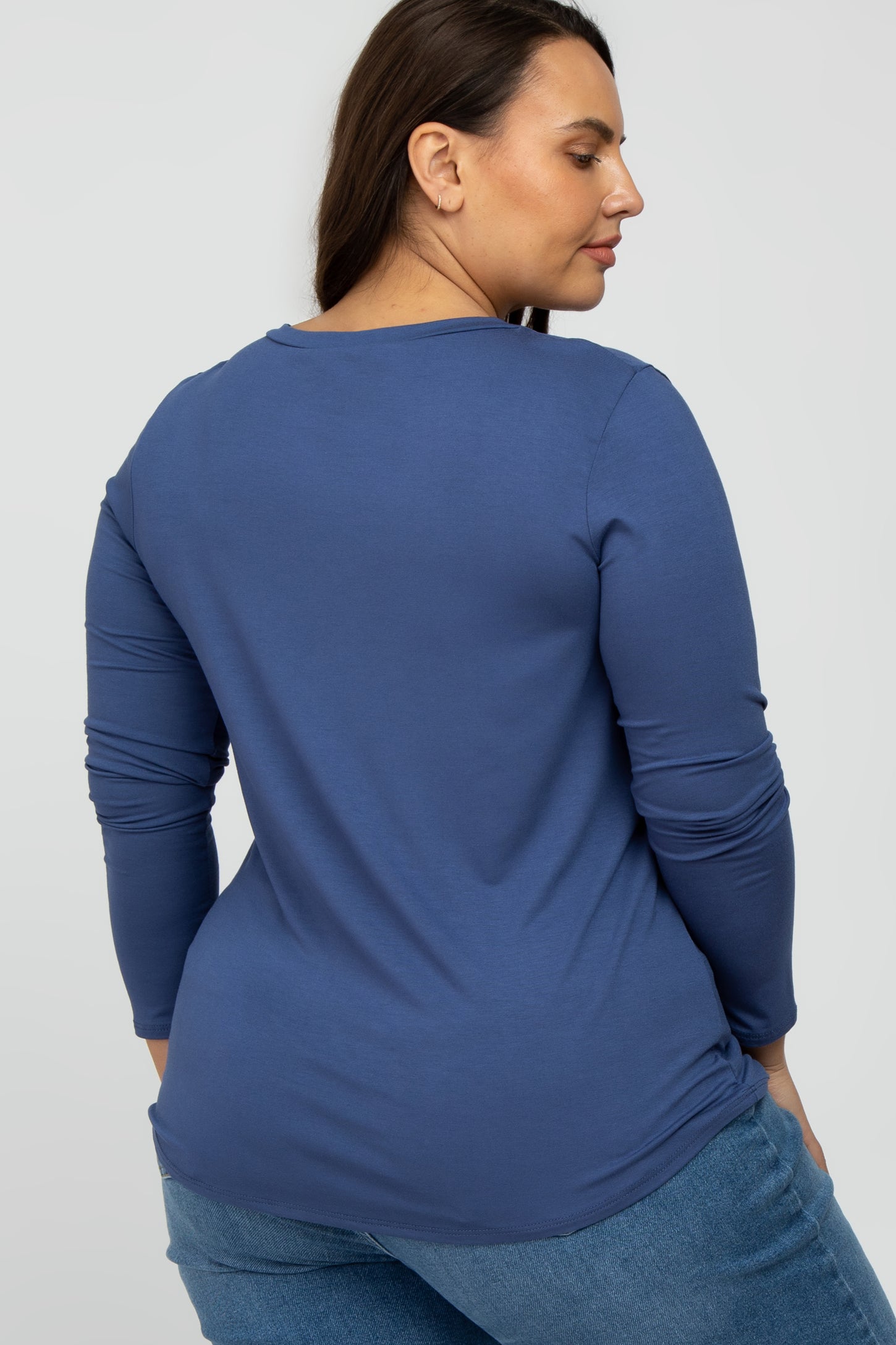 Blue V-Neck Round Hem Long Sleeve Plus Top