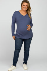 Blue V-Neck Round Hem Long Sleeve Maternity Plus Top