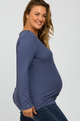 Blue V-Neck Round Hem Long Sleeve Maternity Plus Top