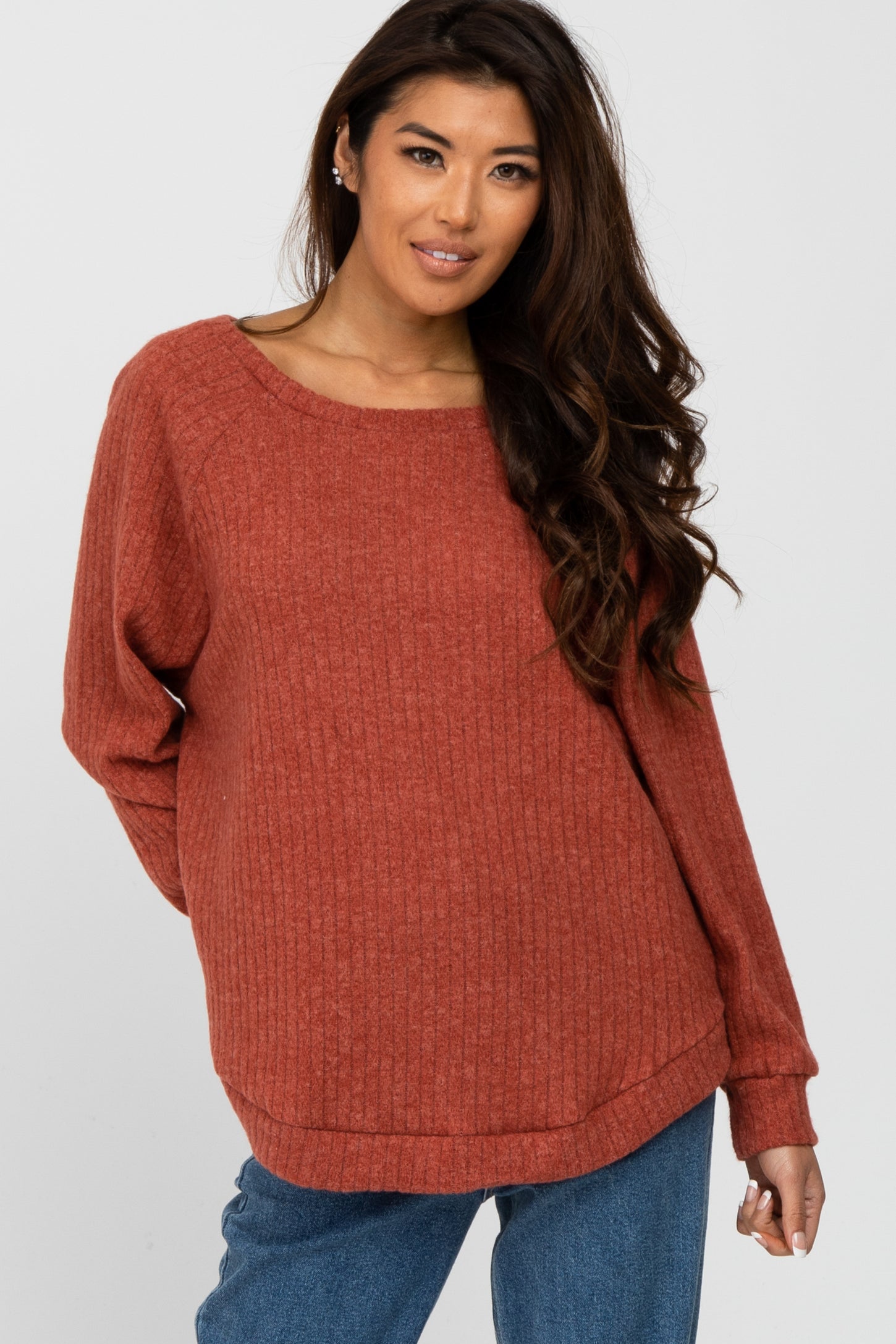 Rust Brushed Ribbed Long Sleeve Maternity Top