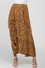 Camel Floral Drawstring Side Gathered Skirt
