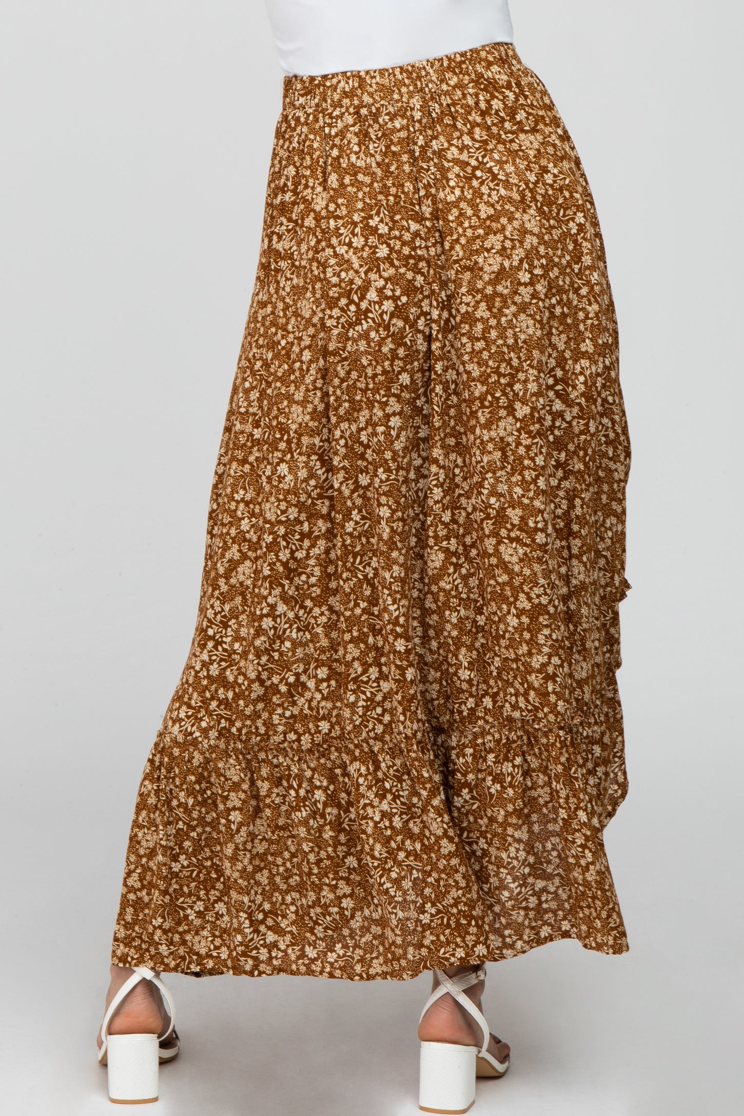 Camel Floral Drawstring Side Gathered Skirt