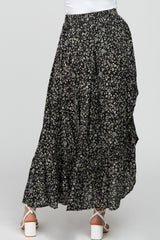 Black Floral Drawstring Side Gathered Skirt