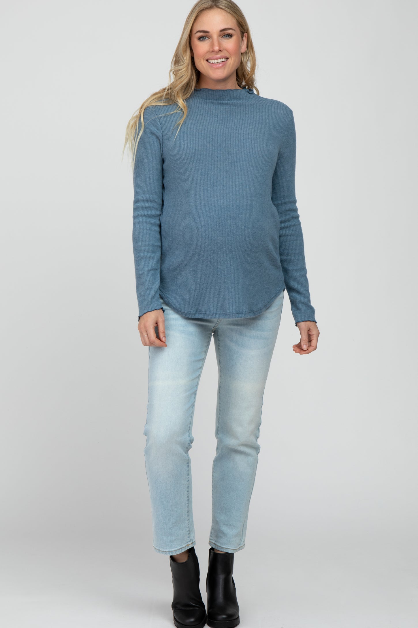 Blue Soft Ribbed Long Sleeve Maternity Top