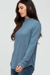 Blue Soft Ribbed Long Sleeve Top