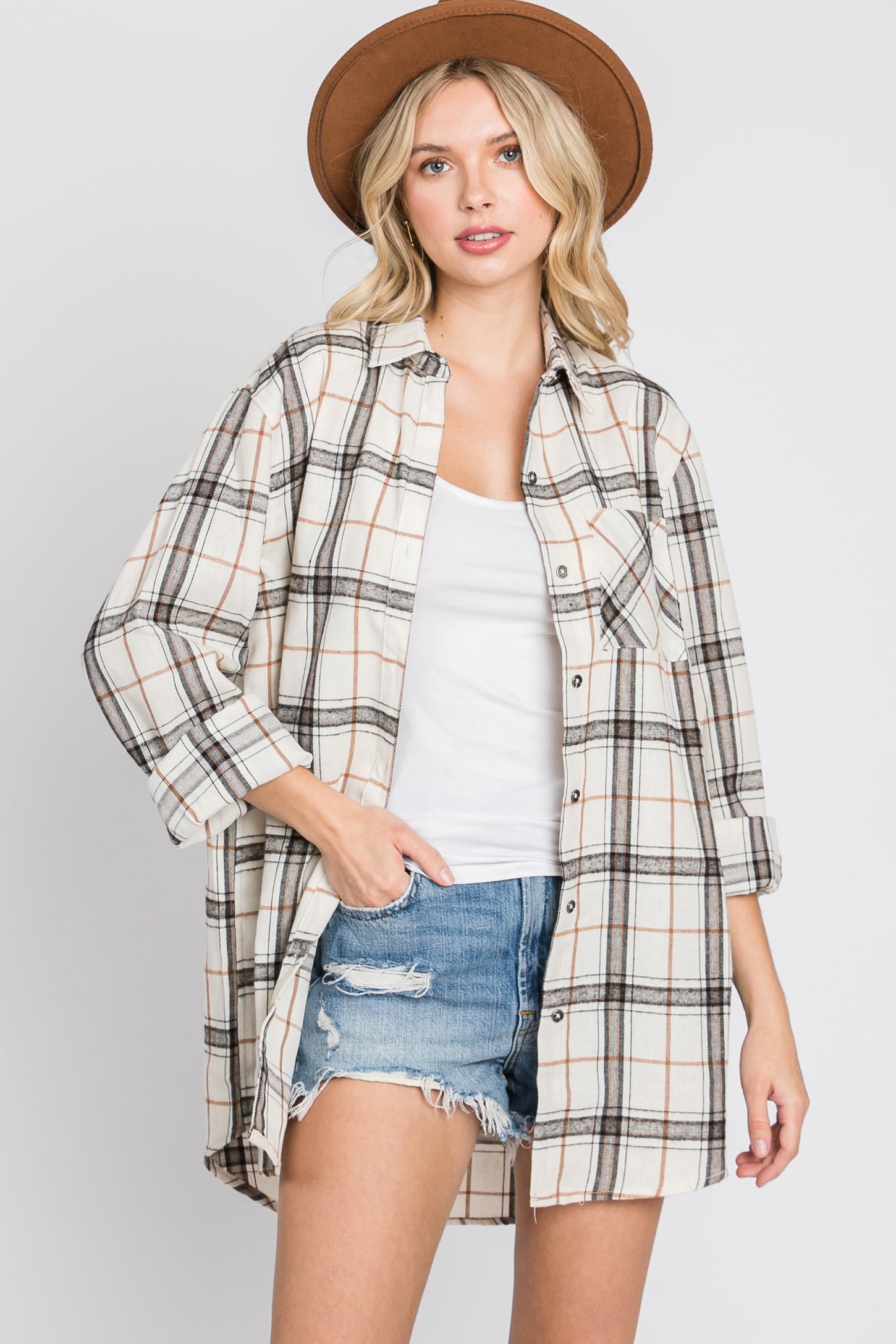 Ivory Plaid Front Pocket Button Up Flannel Maternity Top