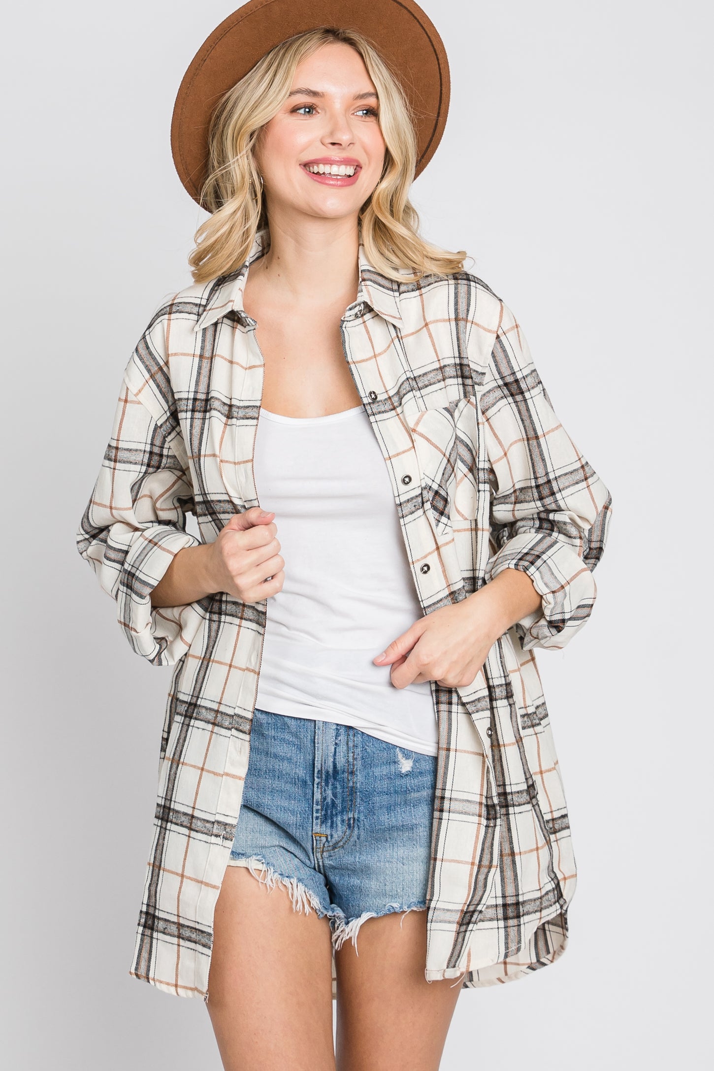Ivory Plaid Front Pocket Button Up Flannel Top