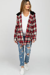 Red Plaid Button Front Fringe Hem Hooded Maternity Top