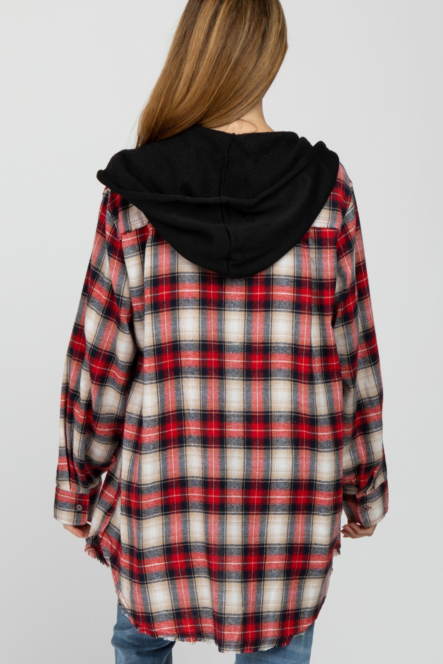 Red Plaid Button Front Fringe Hem Hooded Maternity Top