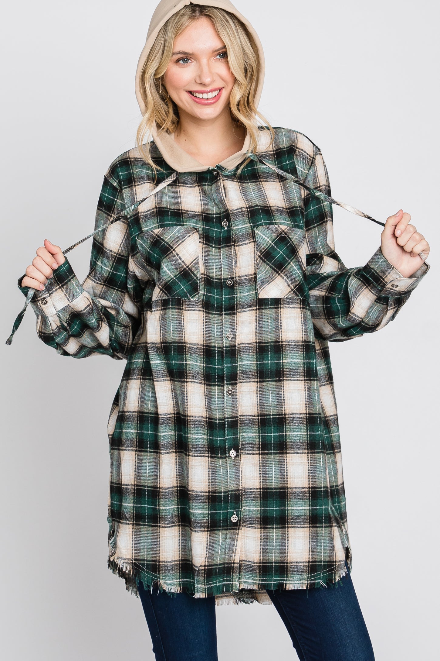 Green Plaid Button Front Fringe Hem Hooded Top– PinkBlush