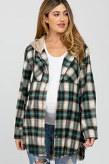 Green Plaid Button Front Fringe Hem Hooded Maternity Top