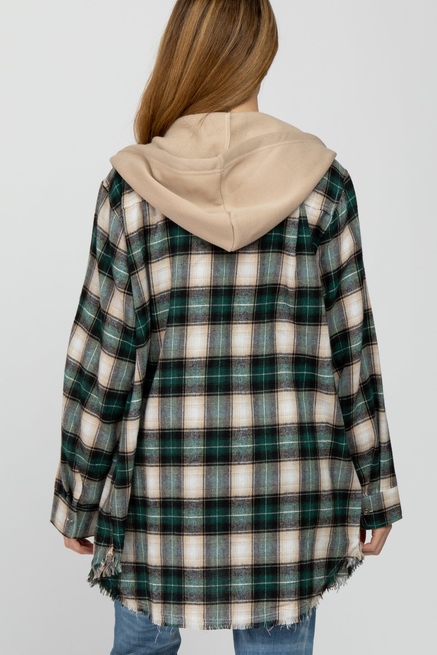 Green Plaid Button Front Fringe Hem Hooded Maternity Top