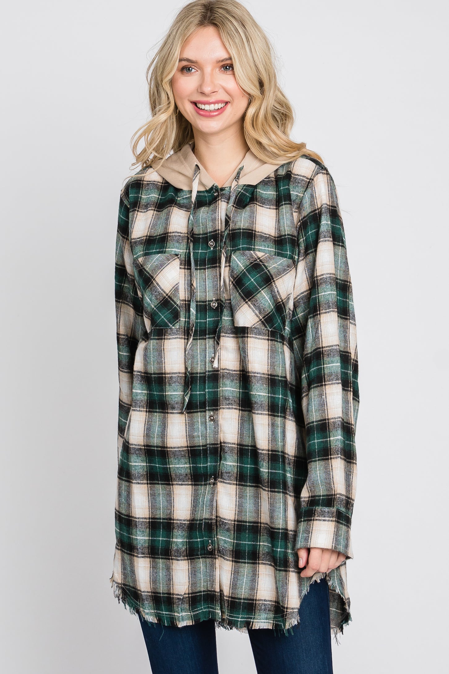 Green Plaid Button Front Fringe Hem Hooded Top– PinkBlush