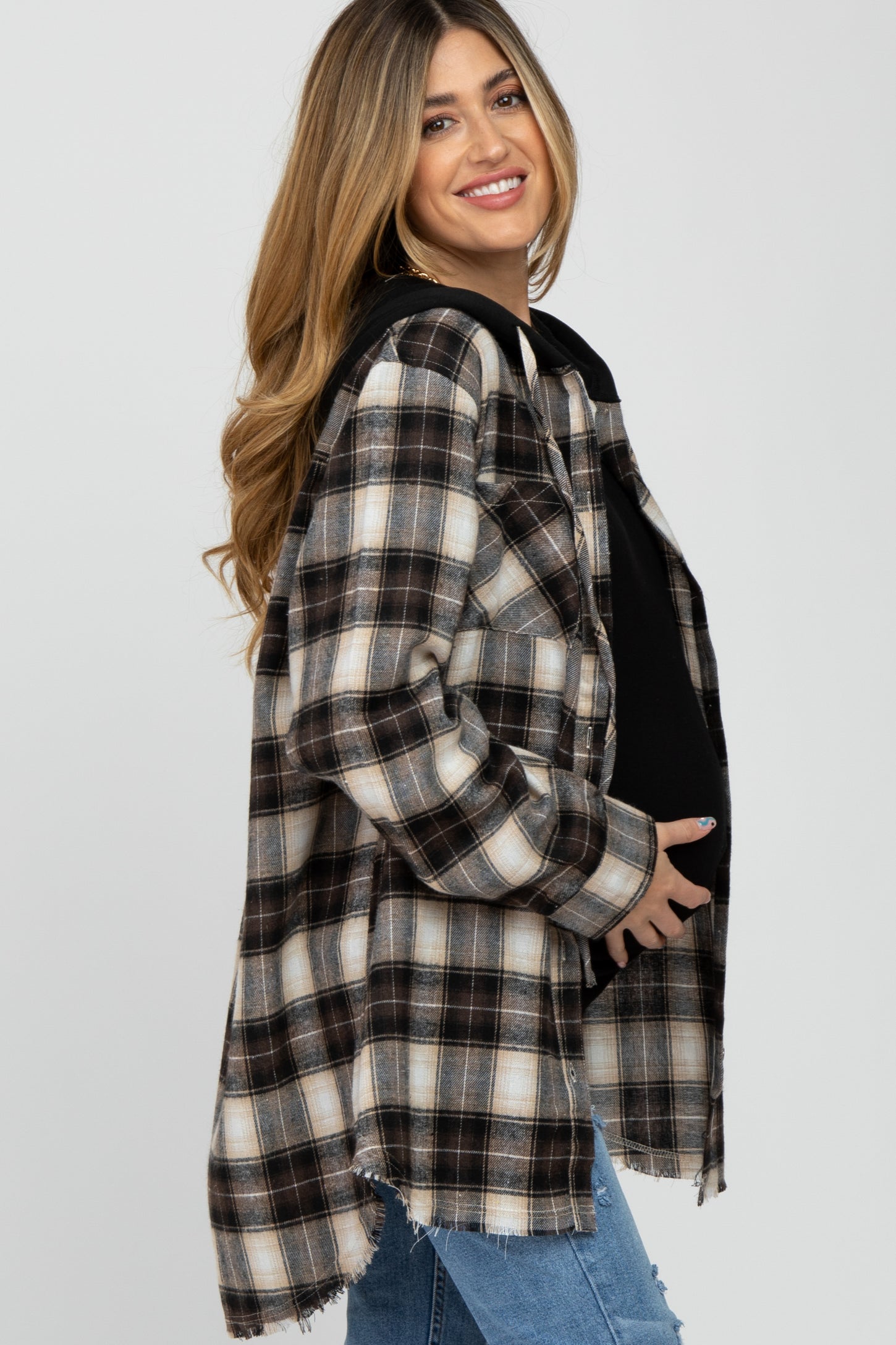 Brown Plaid Button Front Fringe Hem Hooded Maternity Top