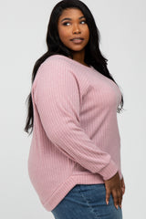 Pink Brushed Ribbed Long Sleeve Plus Top