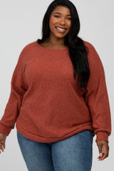 Rust Brushed Ribbed Long Sleeve Plus Top